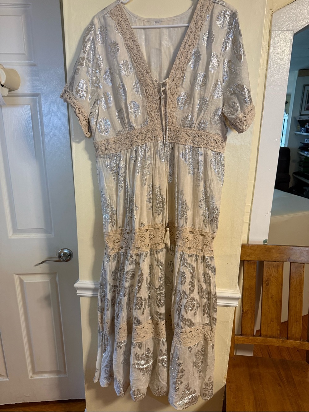 Boho Maxi Dress with Silver Foil Accents - Cream